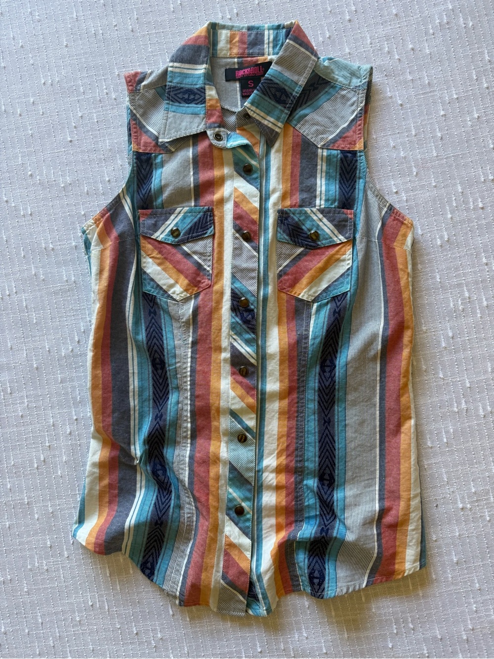 Rock & Roll Denim Women's Sleeveless Aztec Stripe Western button up Shirt Sz S